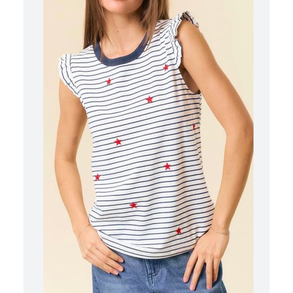 Doe and Rae Women's 4th of July Tank Top Embroidered Stars Navy White SZ Medium